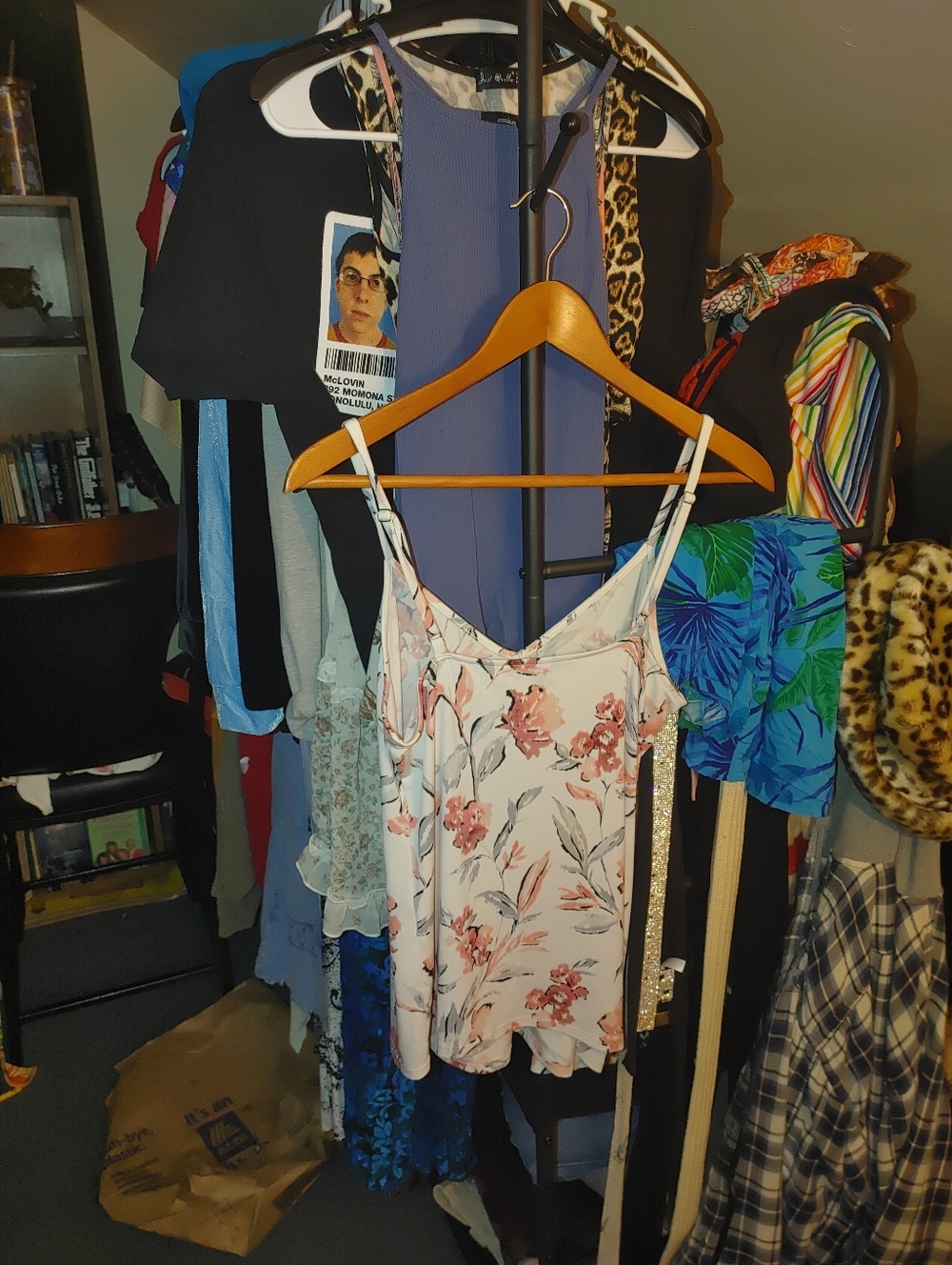 White House Black Market White Floral Spaghetti Strap Top with Pink Blossoms